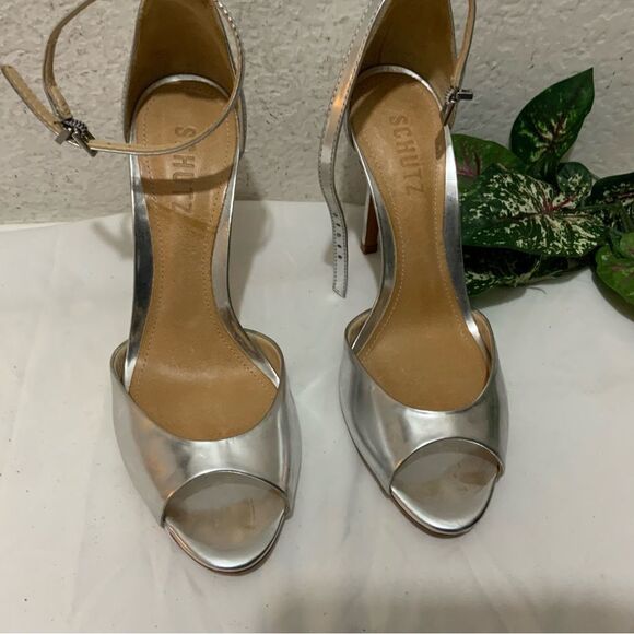Schutz Saasha Lee Metallic Leather Open Toe Ankle Strap Heels Silver Size 7 - Picture 15 of 16